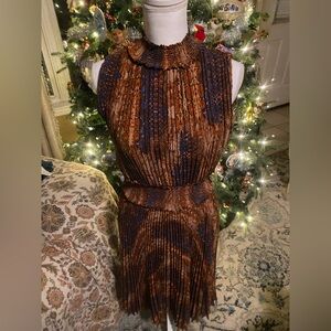 Chic Nanette Lapore Pleated Midi Dress in Rich Brown and Navy